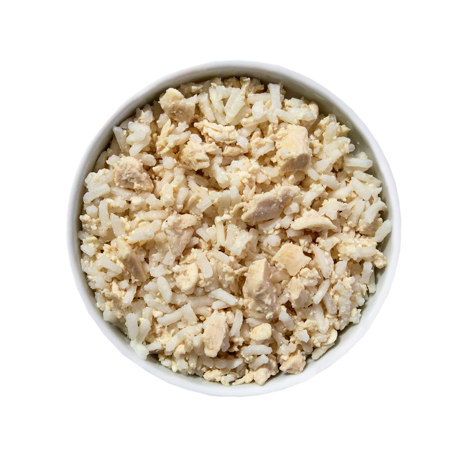 Bowl of rice mixed with chunks of tofu on a green background.
