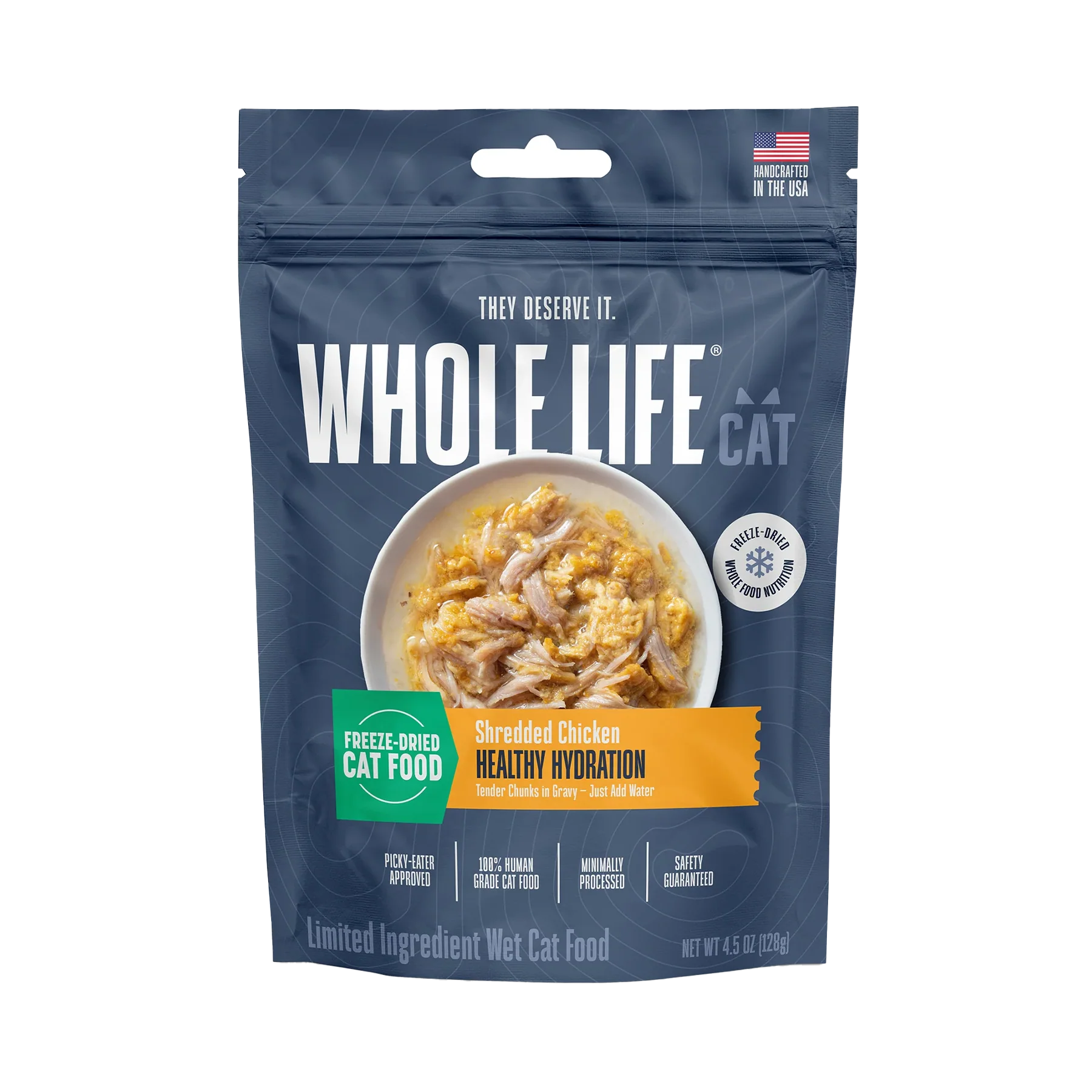 Whole Life Cat food package with shredded chicken illustration.