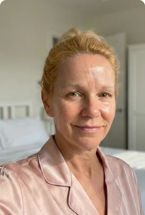A close-up of a smiling woman with blonde hair, wearing a pink satin top in a bedroom.