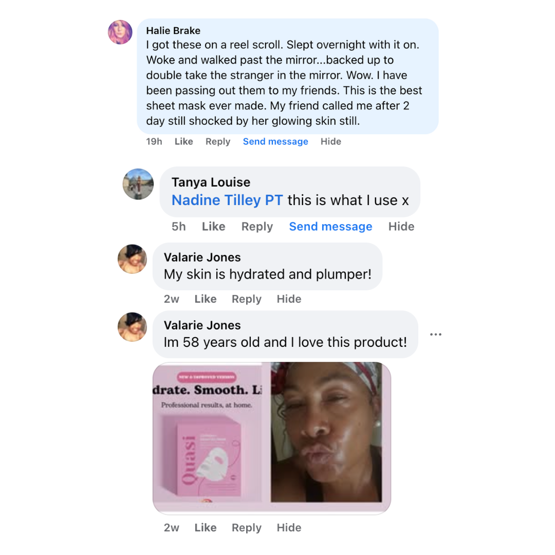 Facebook comments discussing a skincare product with a photo of a woman and product packaging.