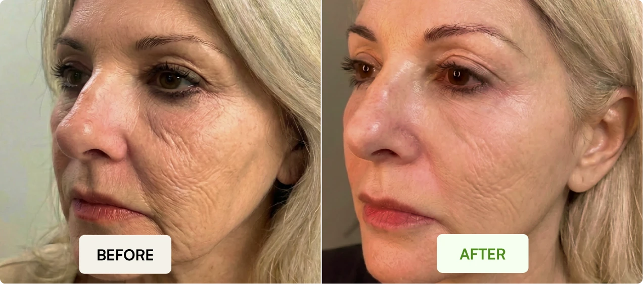 A before and after image showing a woman's face with a visible reduction in wrinkles.