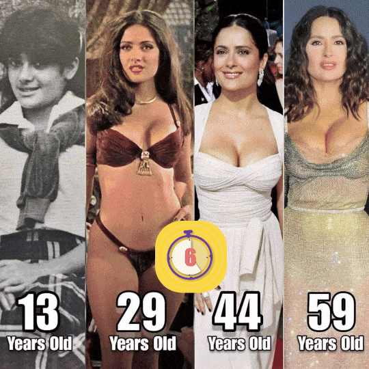 Four images showing a woman at ages 13, 29, 44, and 59.