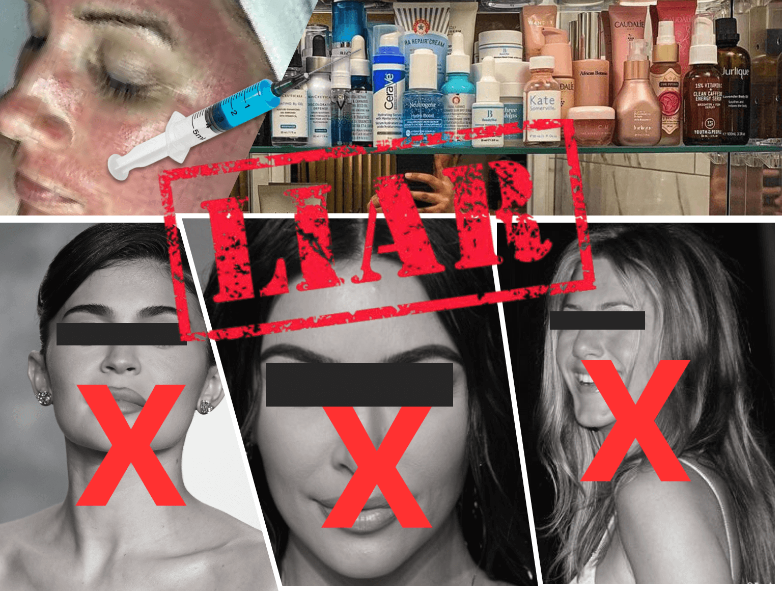 A collage of a facial injection, skincare products, and celebrity photos stamped with the word 'LIAR'.