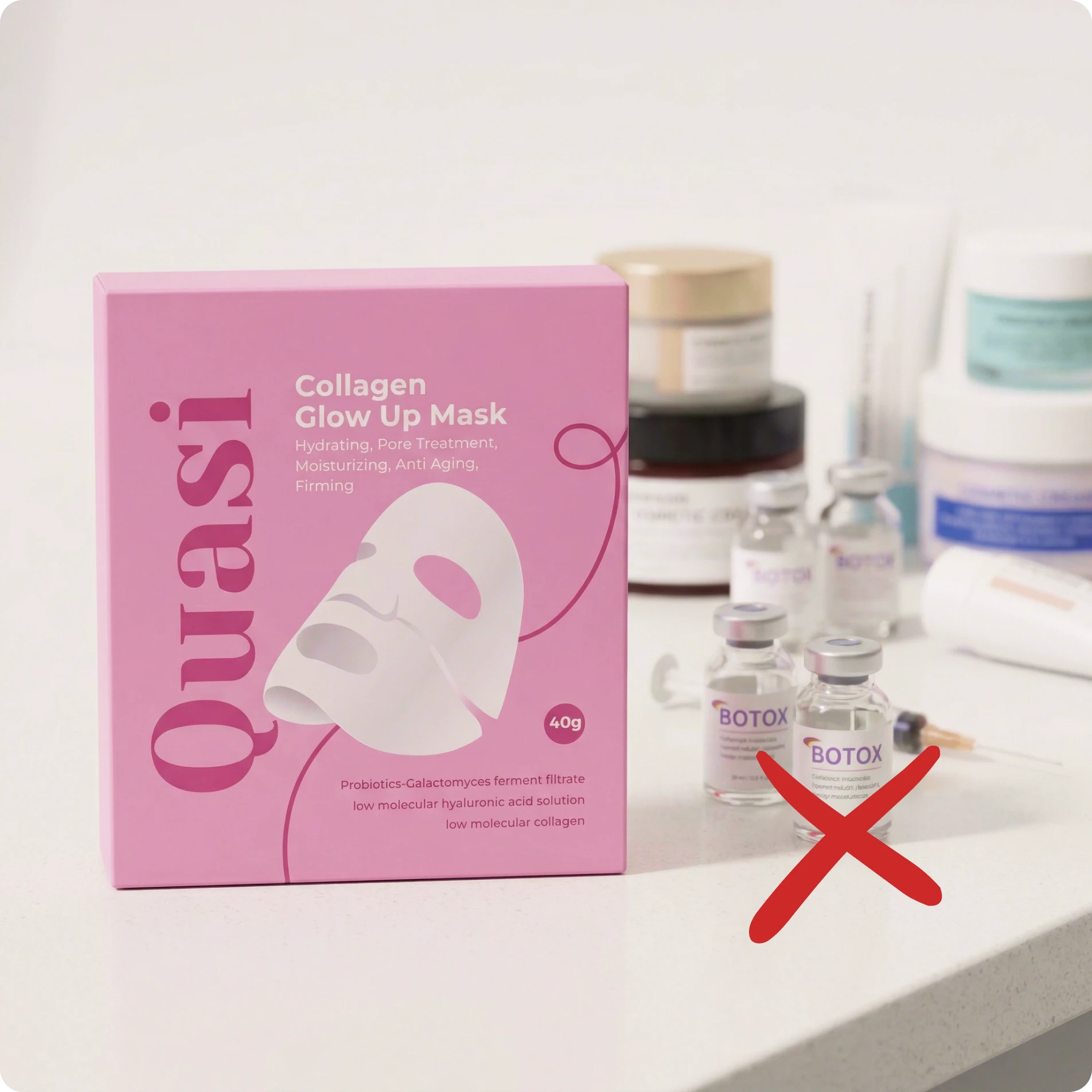 A pink box of Quasi Collagen Glow Up Masks next to Botox vials crossed out with a red X.