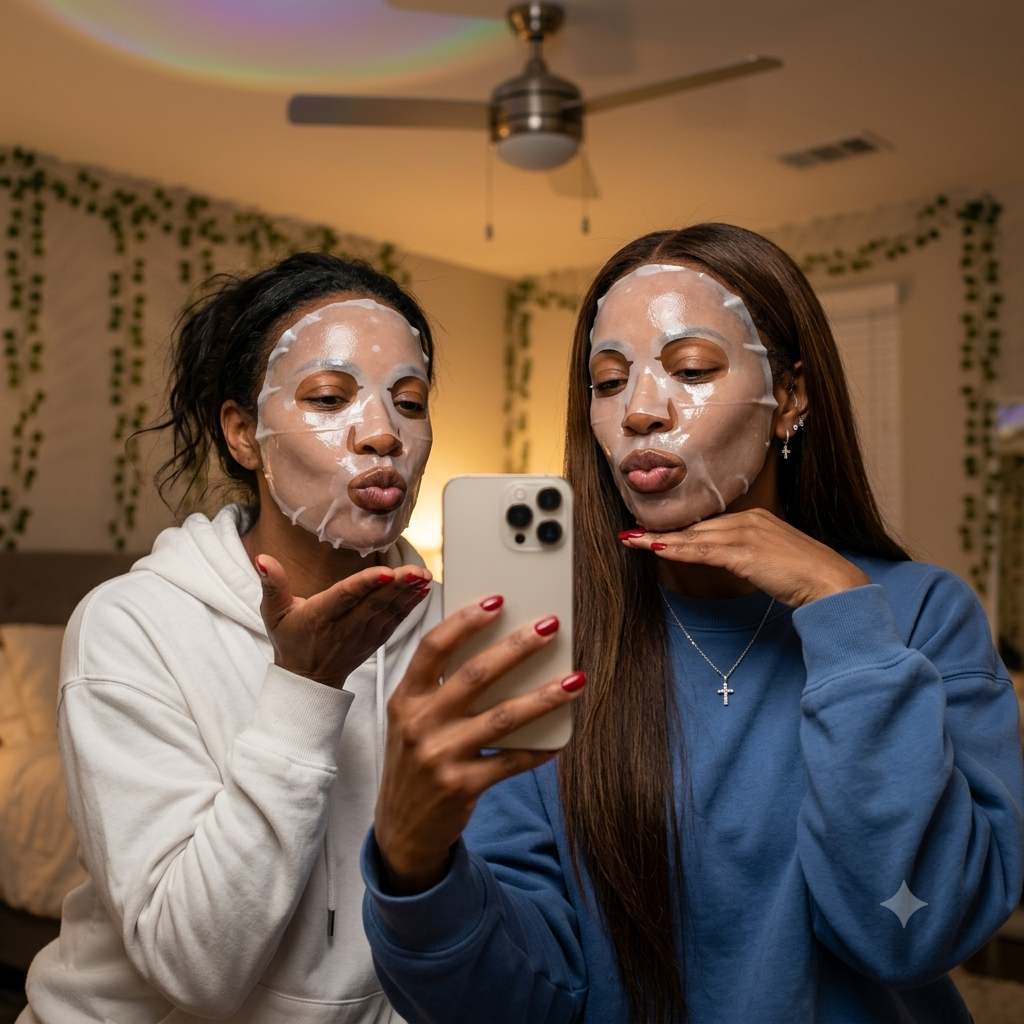 Two women wearing sheet face masks pose while taking a selfie with a smartphone in a bedroom.