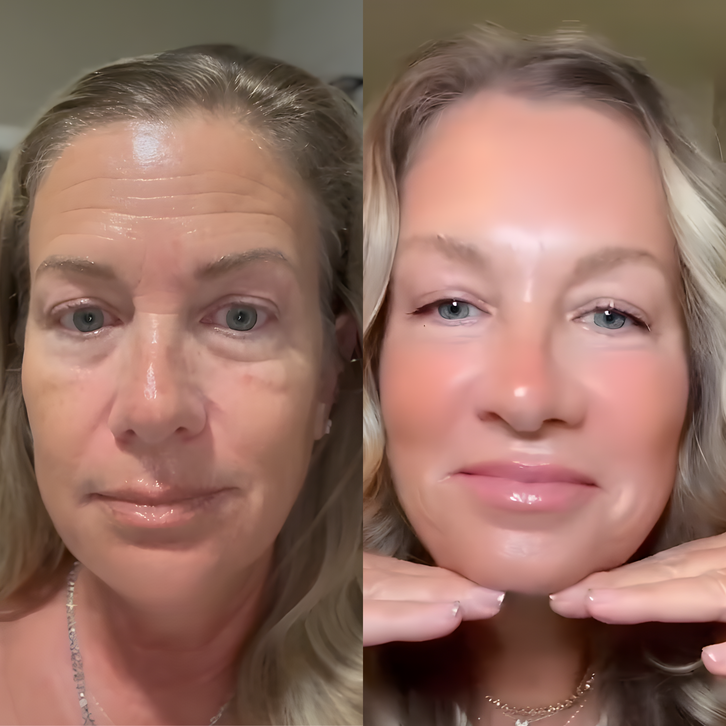A split image showing a woman with different expressions on each side.