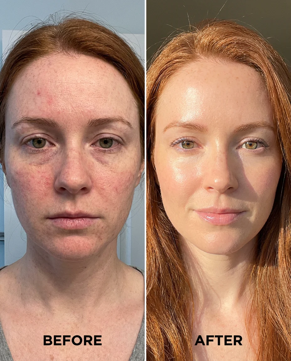 A before-and-after photo of a woman's face, showing a significant reduction in skin redness and blemishes.