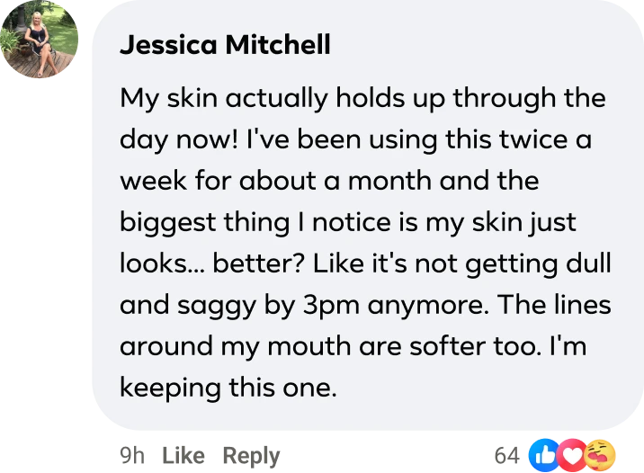 A testimonial from Jessica Mitchell praising how a product has improved her skin's appearance.