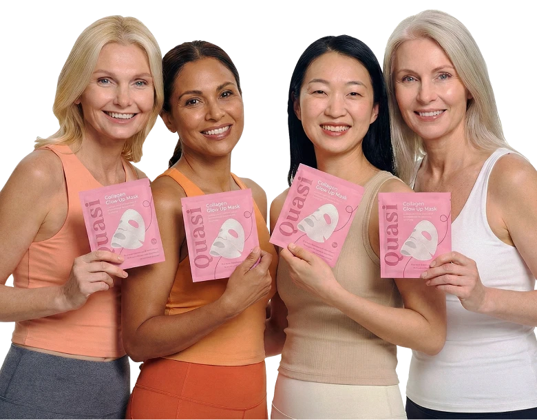 Four women holding pink collagen face mask packages, smiling.