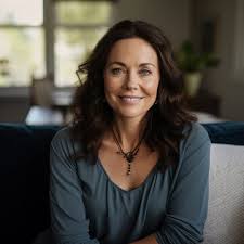 Woman with dark hair sitting on a couch, smiling.