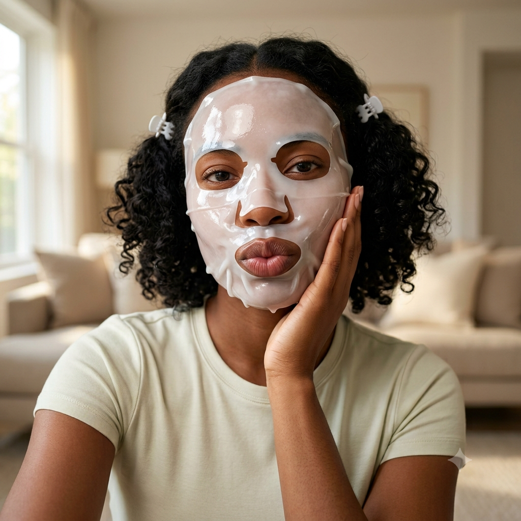 A woman wearing a clear sheet mask looks at the camera with her lips puckered and hand on her cheek.