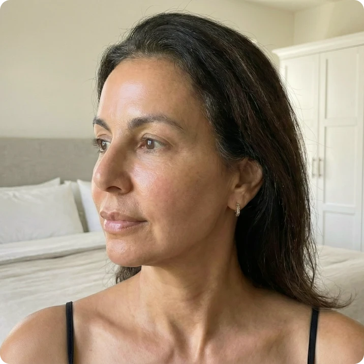 A woman with dark hair and a black top looks to her left in a bedroom.