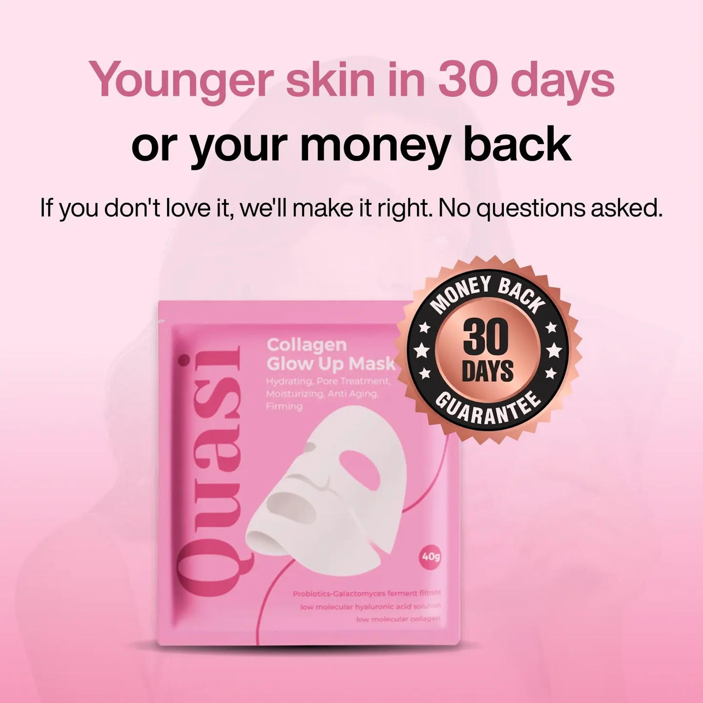 Pink packet of Collagen Glow Up Mask with money-back guarantee badge.