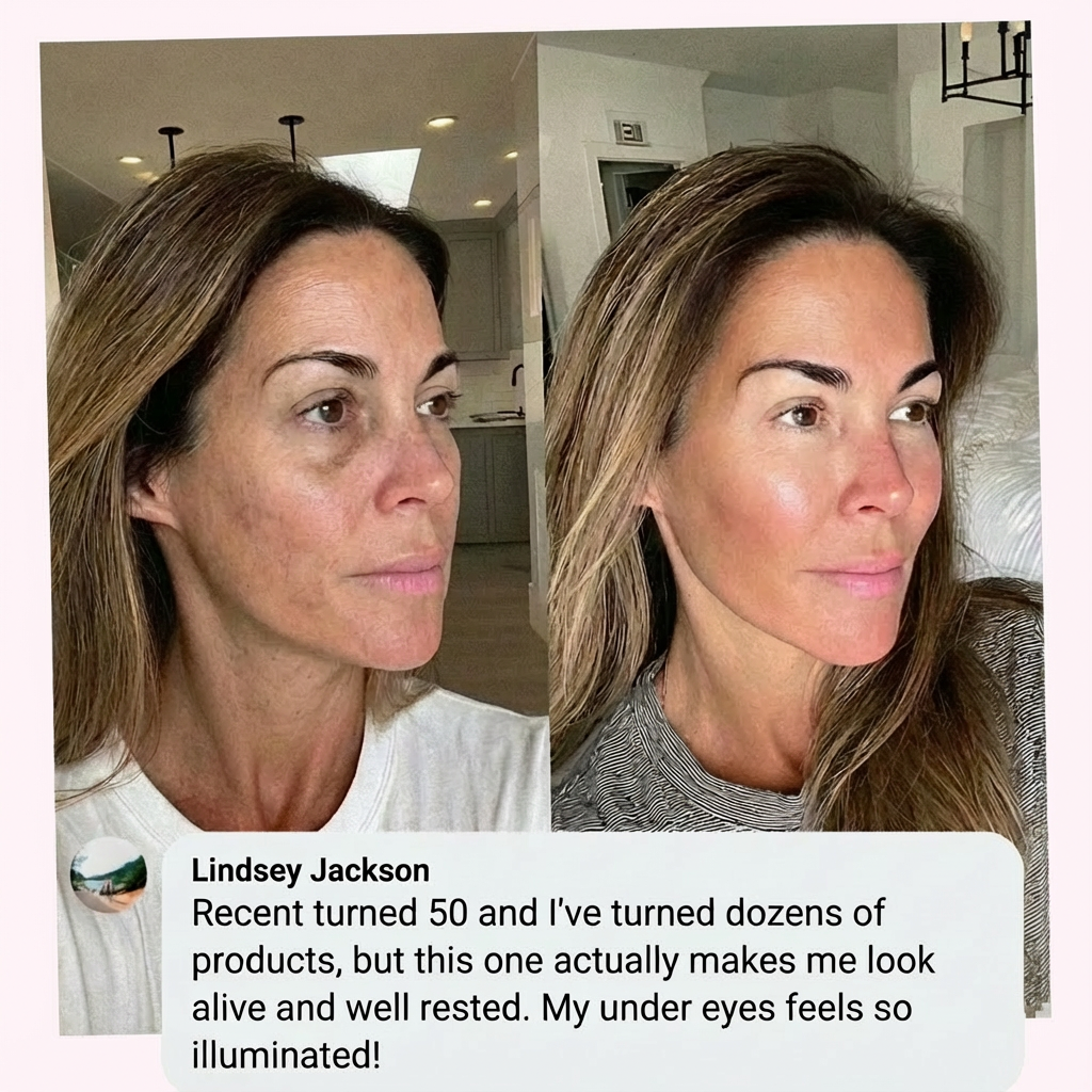 Side-by-side comparison of a woman's face with text on skincare experience.