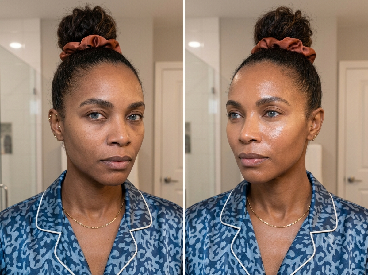 A side-by-side before and after image of a woman's face, with her skin appearing brighter on the right.