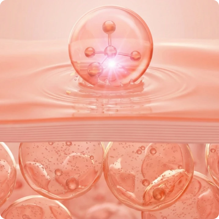 A computer-generated image of a glowing molecule touching a pink liquid surface above a layer of cells.