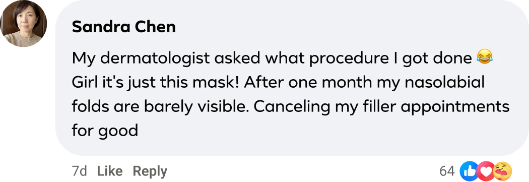 A screenshot of a social media comment from Sandra Chen praising a mask's effect on her skin.