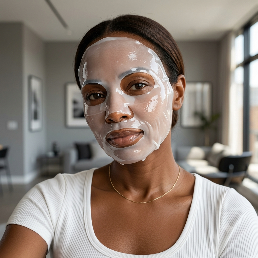 A person looking at the camera while wearing a clear sheet face mask in a modern apartment.