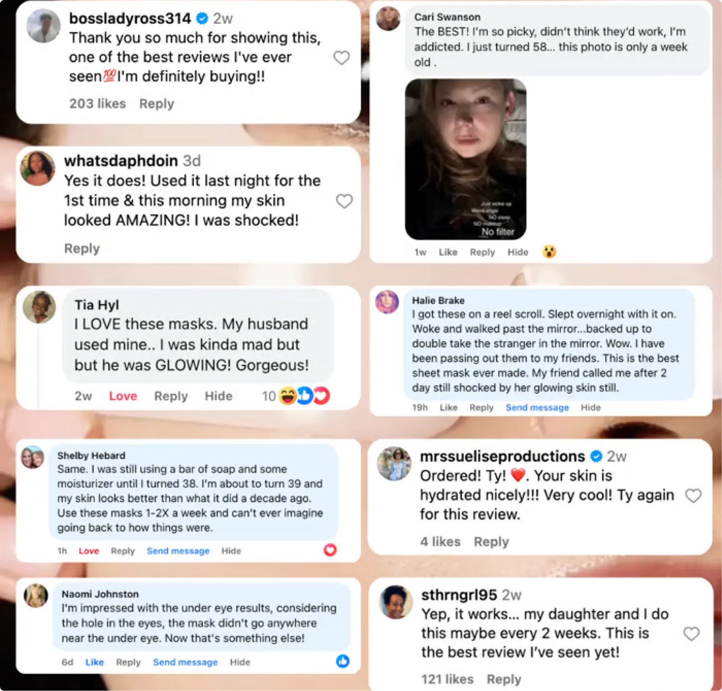 A collection of user reviews and comments about a skincare product.