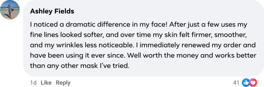 A screenshot of a positive social media review from user Ashley Fields about a skincare product.