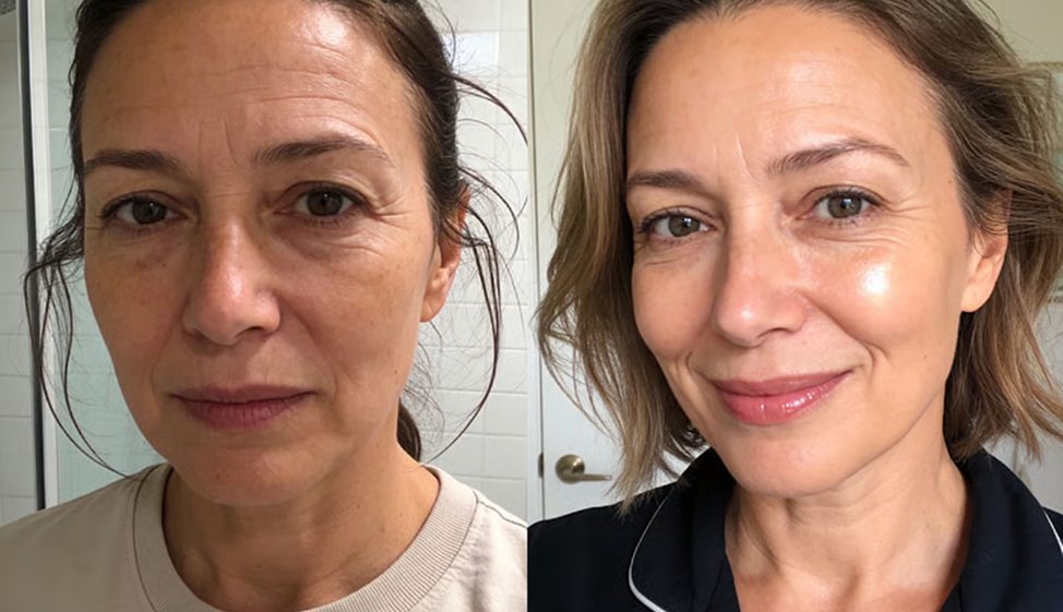 A before-and-after image of a woman’s face, showing a clearer, more radiant complexion in the after photo.