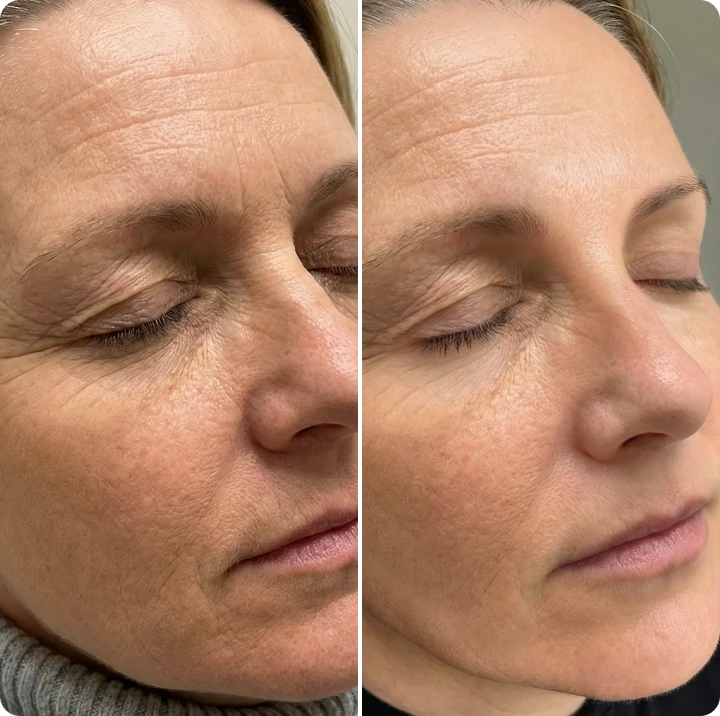 A before-and-after split image showing a woman's face, with wrinkles visibly reduced on the right side.
