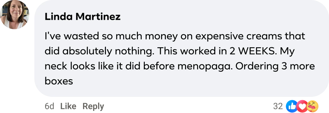 A screenshot of a positive customer review from Linda Martinez about a skincare product.