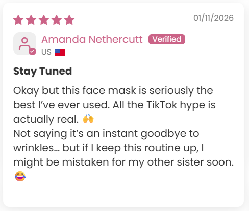 A five-star review from verified customer Amanda Nethercutt, titled 'Stay Tuned,' praising a face mask.