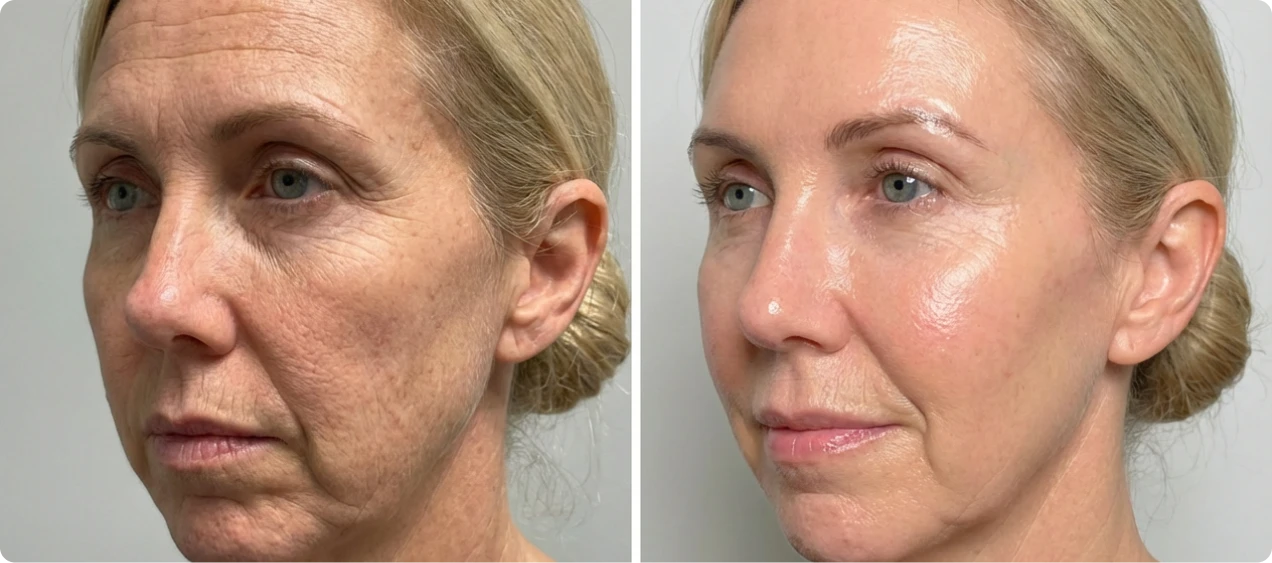 A before and after side-by-side comparison of a woman's face, showing a visible reduction in wrinkles.