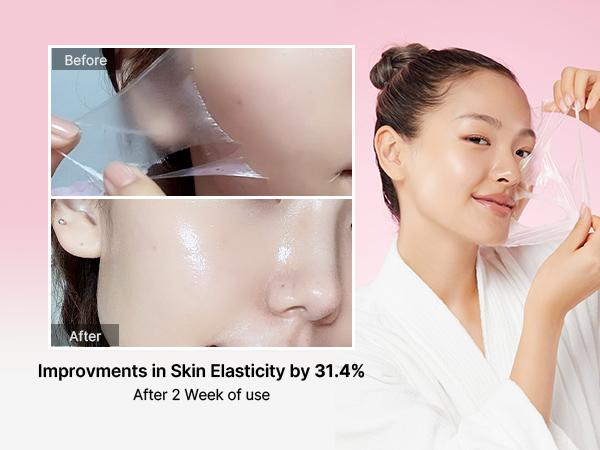 Woman peeling face mask, before and after skin improvement shown.