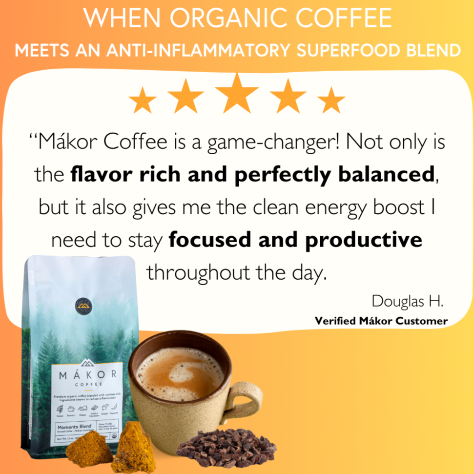 Coffee bag, cup of coffee, star rating, and customer testimonial.