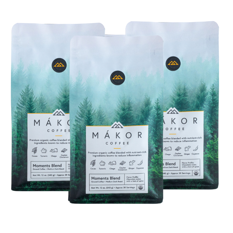 Three MÁKOR Coffee bags with forest design.
