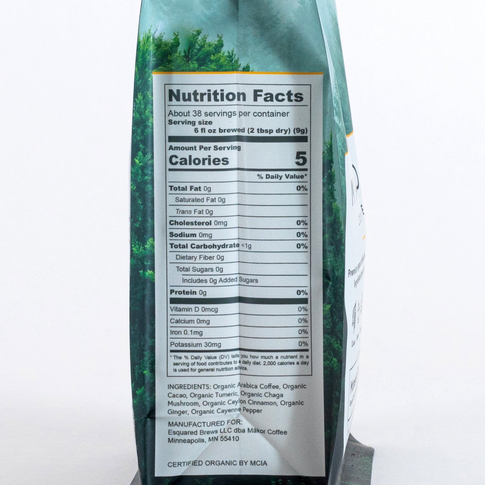 Back of a coffee package showing nutrition facts and ingredients list.