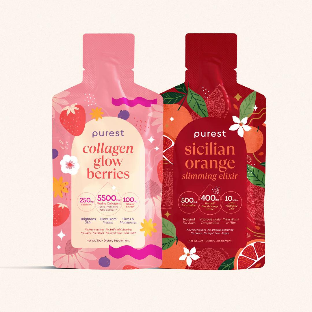 Two colorful supplement pouches labeled 'collagen glow berries' and 'sicilian orange slimming elixir.'