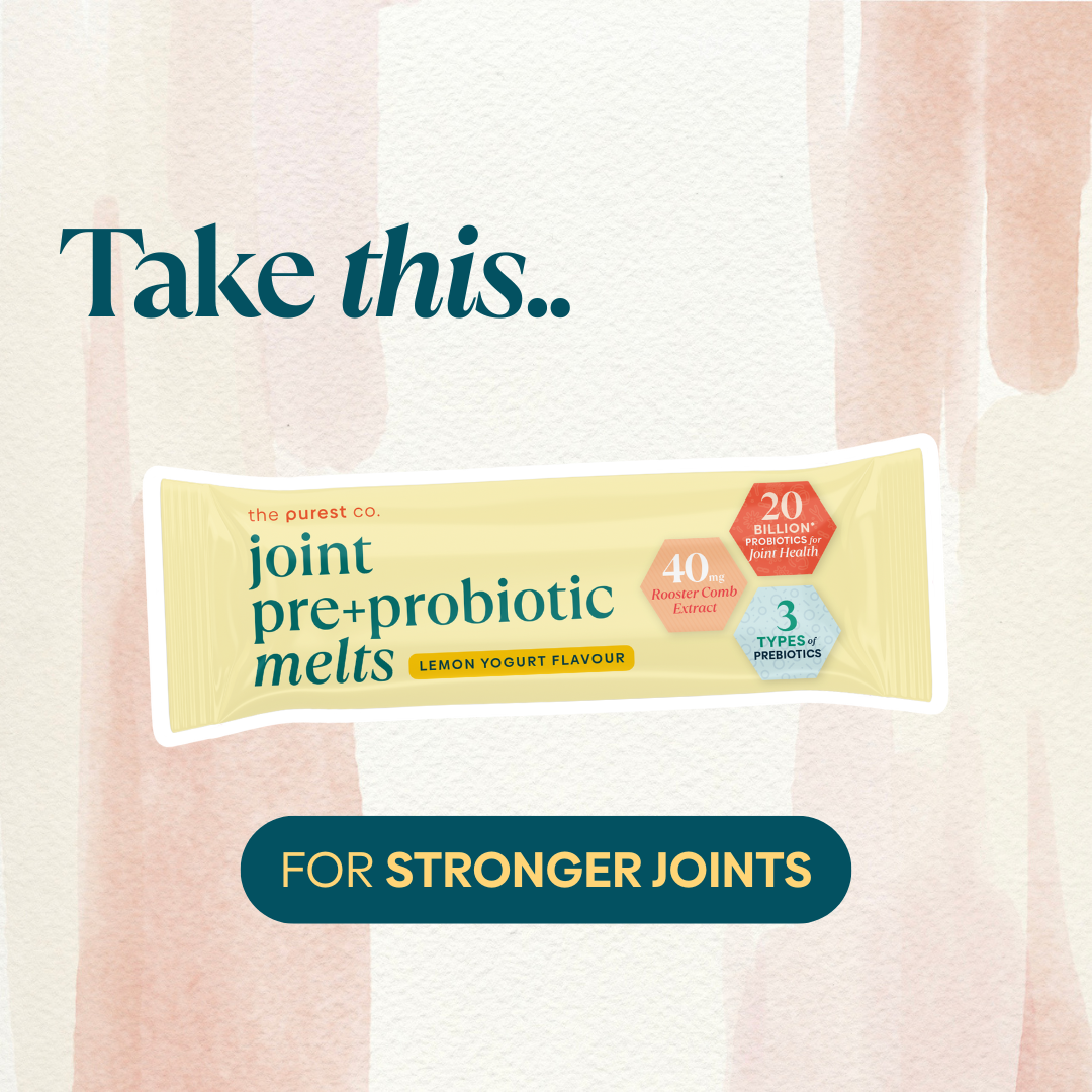 Packaging of joint pre+probiotic melts, lemon yogurt flavor, with health benefits highlighted.