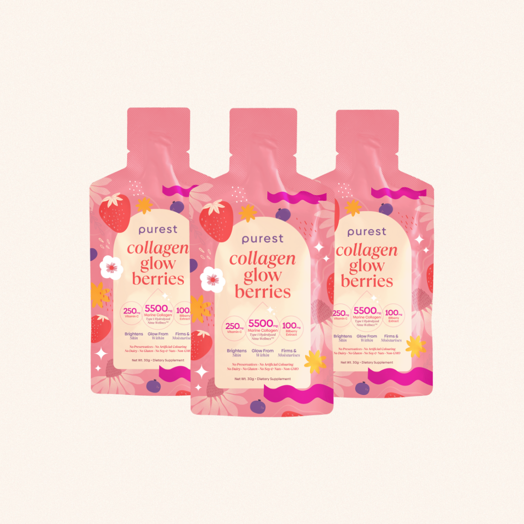 Three pink pouches labeled 'collagen glow berries' with berry illustrations.