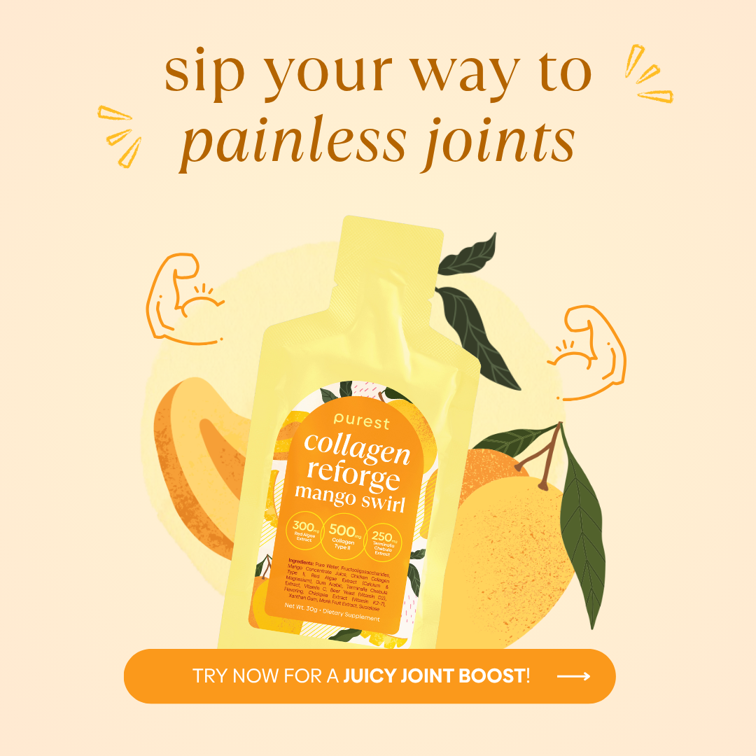 Collagen supplement packaging with mango illustration and text promoting joint health.
