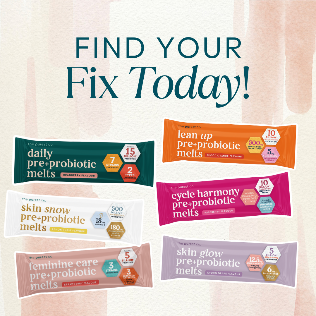 Six probiotic melt packages with different flavors and benefits on a textured background.
