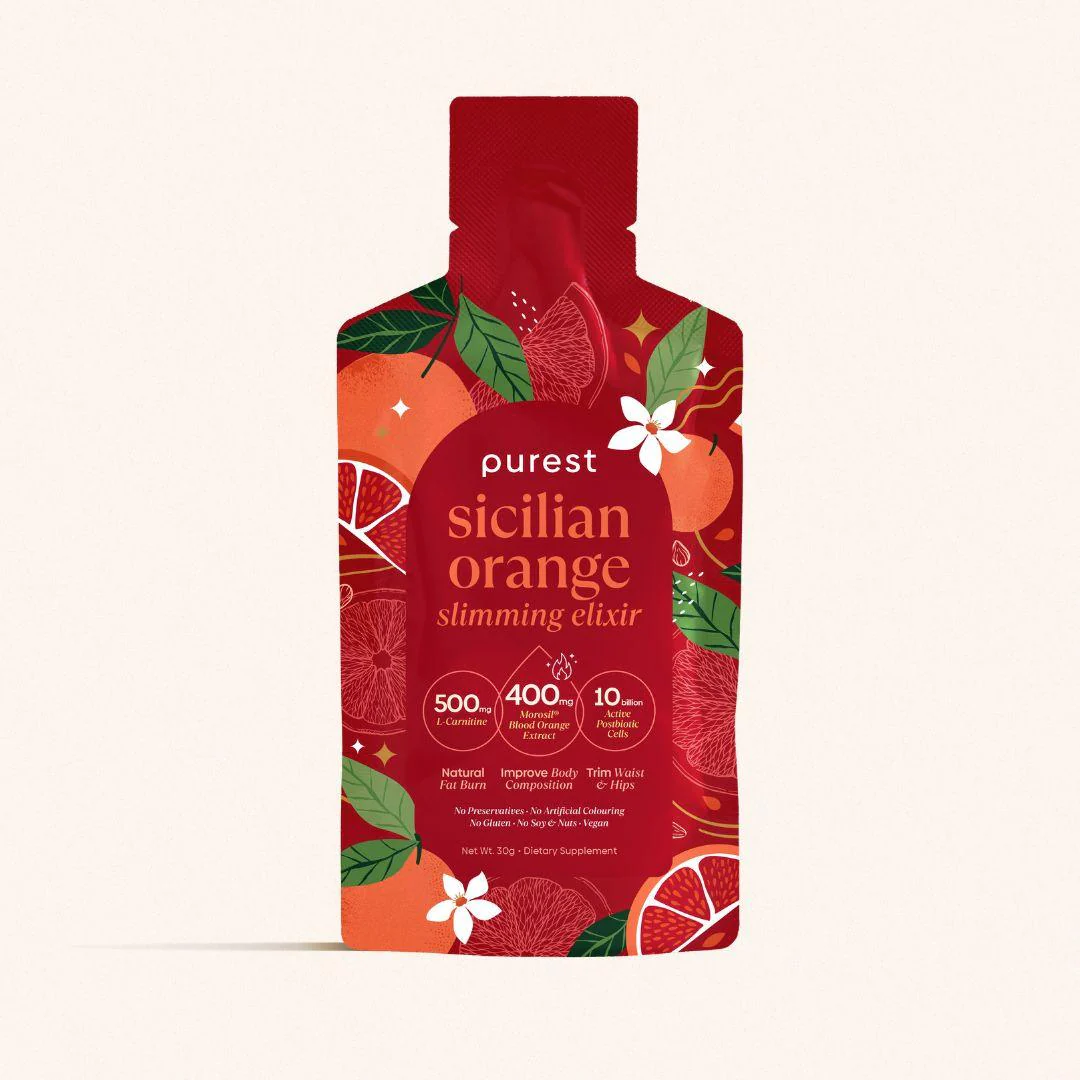 Red pouch labeled 'purest sicilian orange slimming elixir' with citrus and leaf illustrations.