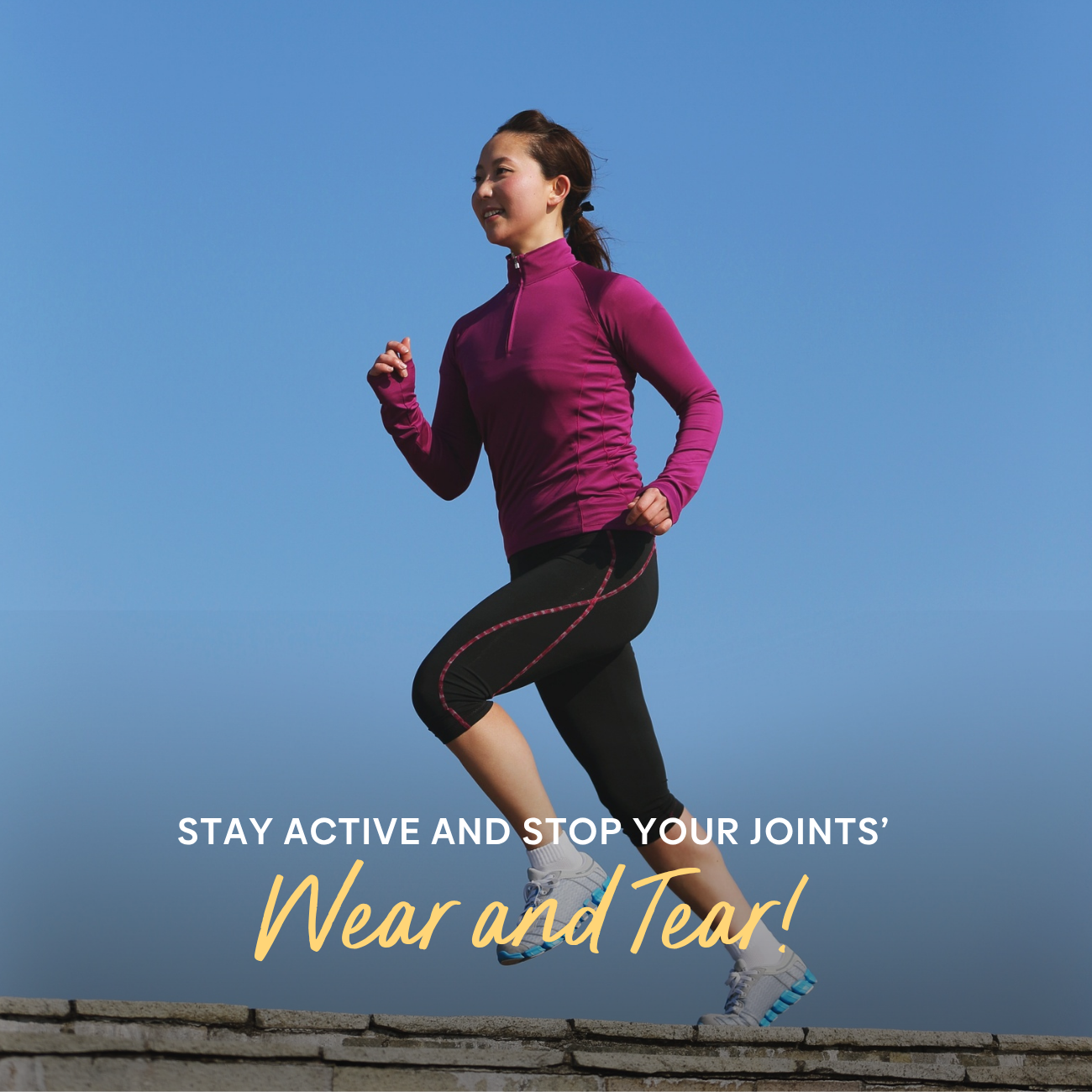 Woman jogging outdoors with motivational text overlay.