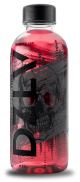 Clear bottle with red liquid, skull design, and black cap.
