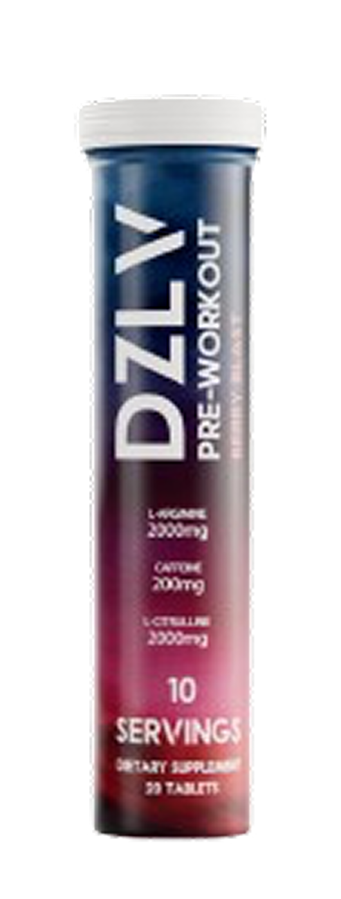 A tube of DZLY pre-workout supplement with 10 servings.