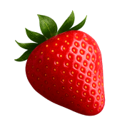 A single ripe strawberry with green leaves on a white background.