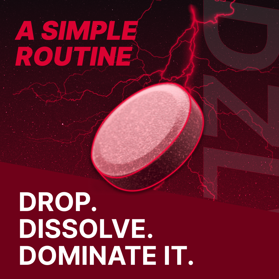 Red tablet with text: 'A Simple Routine. Drop. Dissolve. Dominate it.'