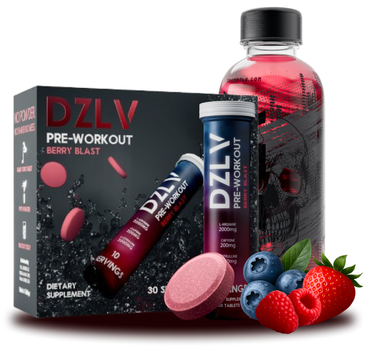 Pre-workout supplement packaging with tablets, bottle, and mixed berries.