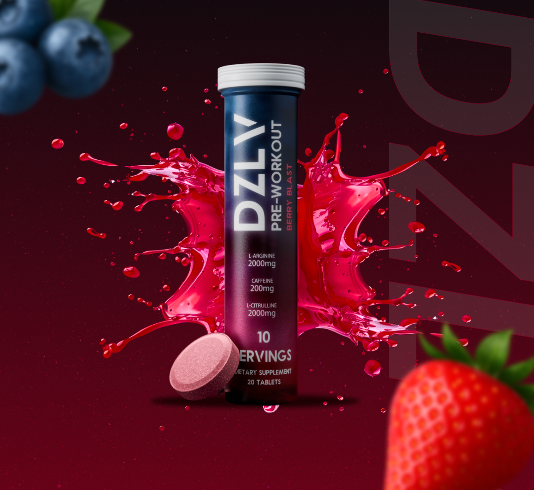 Pre-workout supplement tube with berry splash and fruit images.