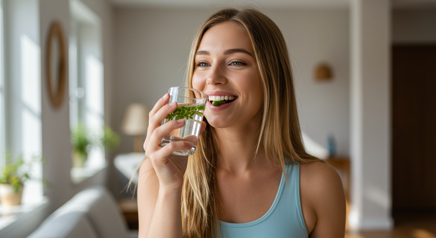 Woman smiling, holding a glass of water with a leaf inside.