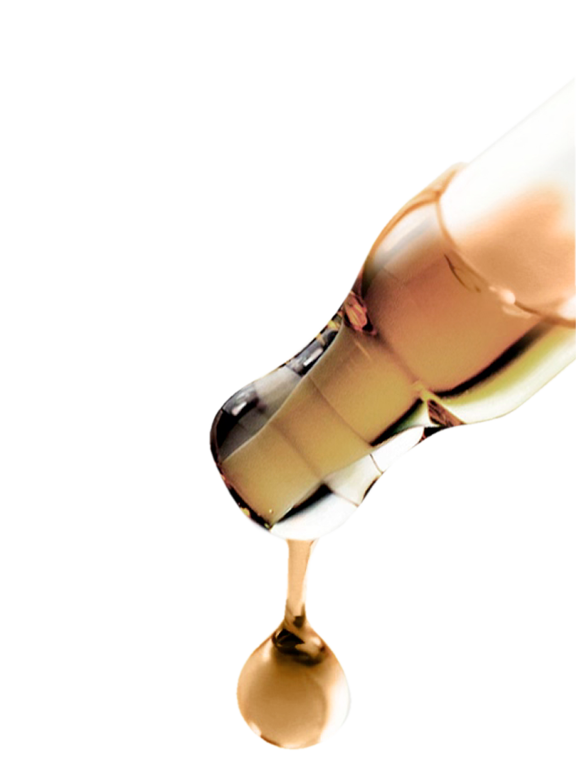 A dropper releasing a drop of beige liquid.
