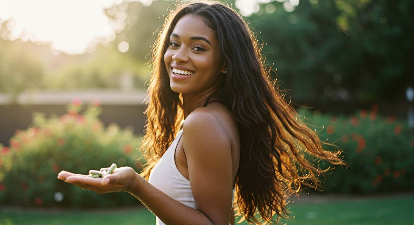 Person smiling, holding a bottle of Moringa capsules, holding up 2 fingers for serving size.
