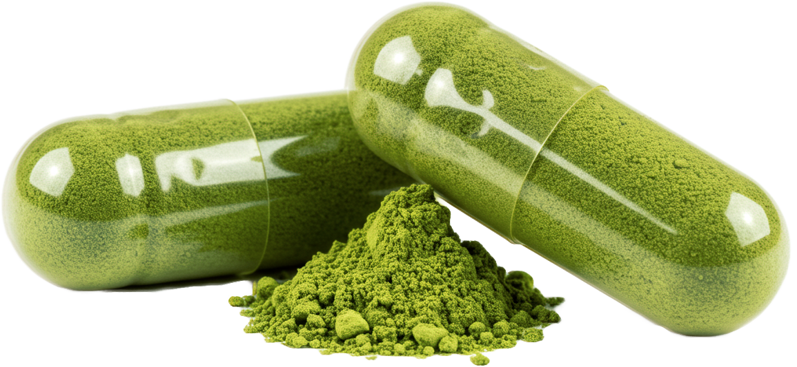 Two green capsules with green powder on a white background.